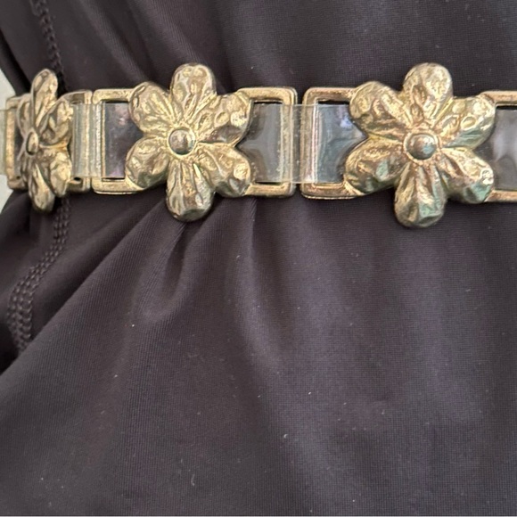 Vintage Clear Plastic and Brass tone Flower Embellished Belt - Picture 12 of 15